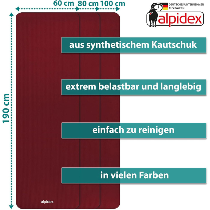 ALPIDEX Килимок для йоги 1,5 см, бордовий, нековзкий, фітнес, гімнастичний, для пілатесу, HIIT, без фталатів, з ременем, 190×100 см