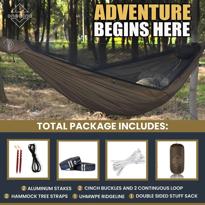 Гамак туристичний Onewind Premium 11' з москітною сіткою та ременями для кріплення, 335x162 см, коричневий