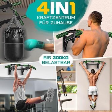 KESSER® Турнік настінний 4-в-1 з ручками, мотузками, кільцями та боксерською грушею. Безпечний та стабільний. Для дому. Зелений