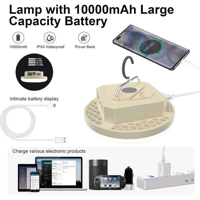 Ліхтар кемпінговий LED 2000 люмен з акумулятором 9900mAh, 30W, бежевий. Ліхтар для намету, пошуковий прожектор, аварійне освітлення для походу, кемпінгу, відключень електроенергії