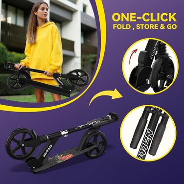 Nattork Kick Scooter з міцними колесами для підлітків та дорослих - чорний, вантажопідйомність 100 кг, амортизатор та регульоване кермо