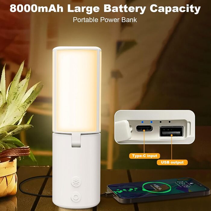 LED кемпінговий ліхтар Wholede 8000mAh з USB/сонячною зарядкою, димування, для наметів, риболовлі, походу, надзвичайних ситуацій