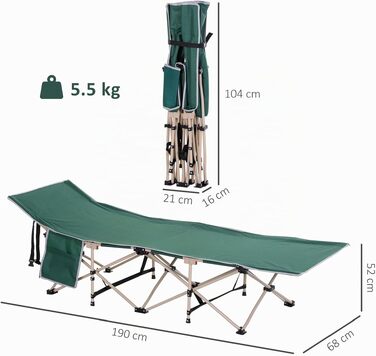 Розкладне кемпінгове ліжко Outsunny для відпочинку та походу, 190 x 68 x 52 см, до 150 кг, зелене