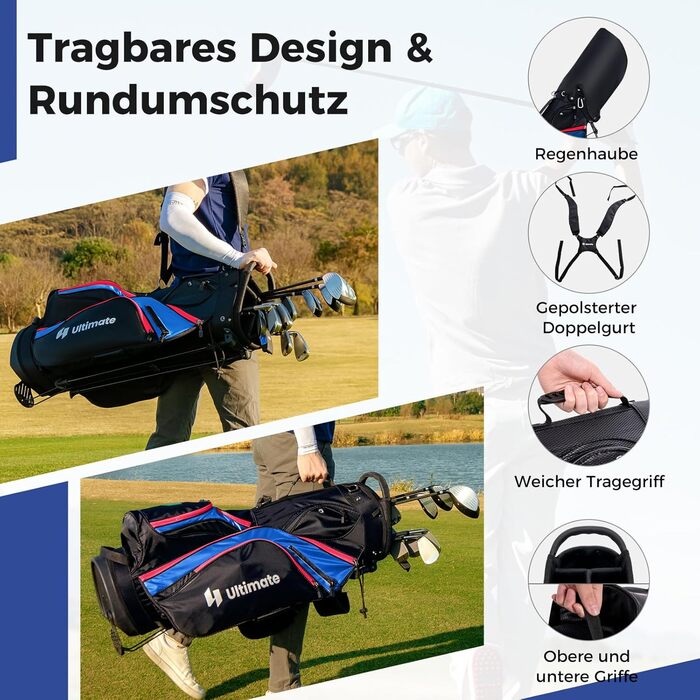 GYMAX Комплект гольф-клубу для чоловіків, повний набір гольф-клубу з драйвером #1, фейрвеєм #3, гібридом #5, залізом #5, #6, #7, #8, #9, #P, #S, паттером, 3 чохлами та переносною сумкою, блакитний