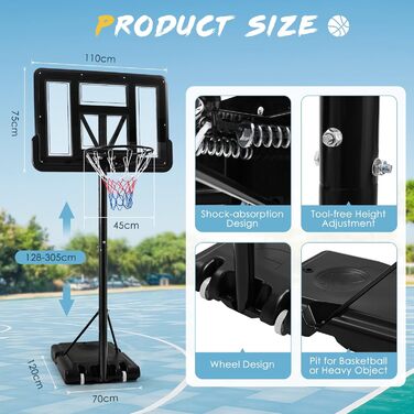 Баскетбольний кошик вуличний регульований 128-305 см на колесах для дітей, підлітків та дорослих