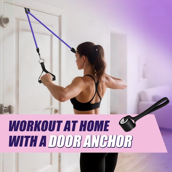 Набір еластичних стрічок WHATAFIT для фітнесу та реабілітації: з дверним кріпленням, ручками, сумкою та кісточковими ремінцями. Для чоловіків та жінок.