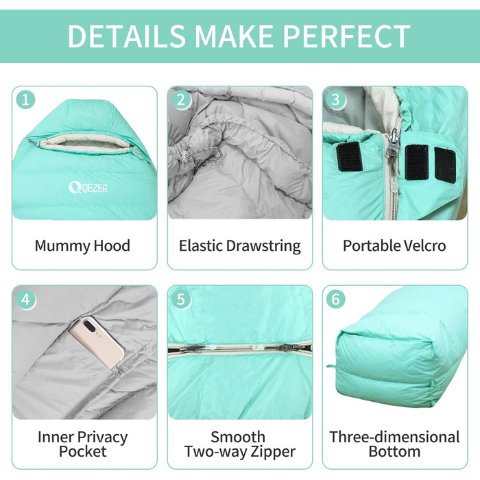 Легкий пуховий спальний мішок Sommer для кемпінгу та трекінгу (16°C), чорний. Підходить для дітей, підлітків та дорослих.