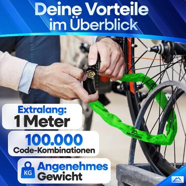 NEXTCOVER® Замки для велосипедів LockPro з кодовим замком - Оригінал - [SAFESECURE] Високий рівень безпеки | 5-значний код, сталевий замок для велосипеда | Замок для електровелосипеда, ланцюговий замок (Зелений)