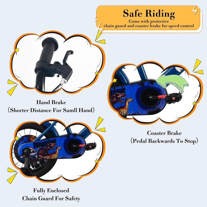 Дитяче велосипед RULLY Динозавр для хлопчиків 2-7 років, 12/14/16 дюймів, BMX, з додатковими колесами, блакитний