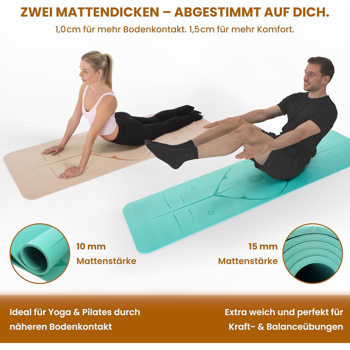 Йога мат для занять йогою, пілатесом та силовим тренуванням - німецької розробки, з неслизькою поверхнею та захистом суглобів, 2 товщини (1,0 та 1,5 см), м'яка спортивна килимок для гімнастики, туркіс
