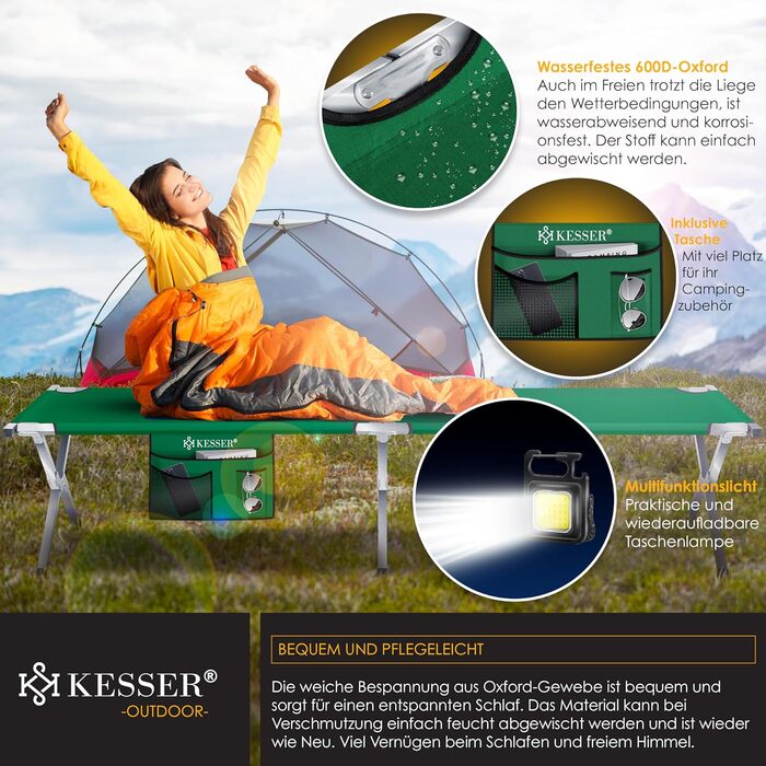 Кемпінгове ліжко KESSER® розкладне, 190/210 см, з сумкою, ліхтарем та кишенею, сталевий каркас, 150 кг, 600D Oxford