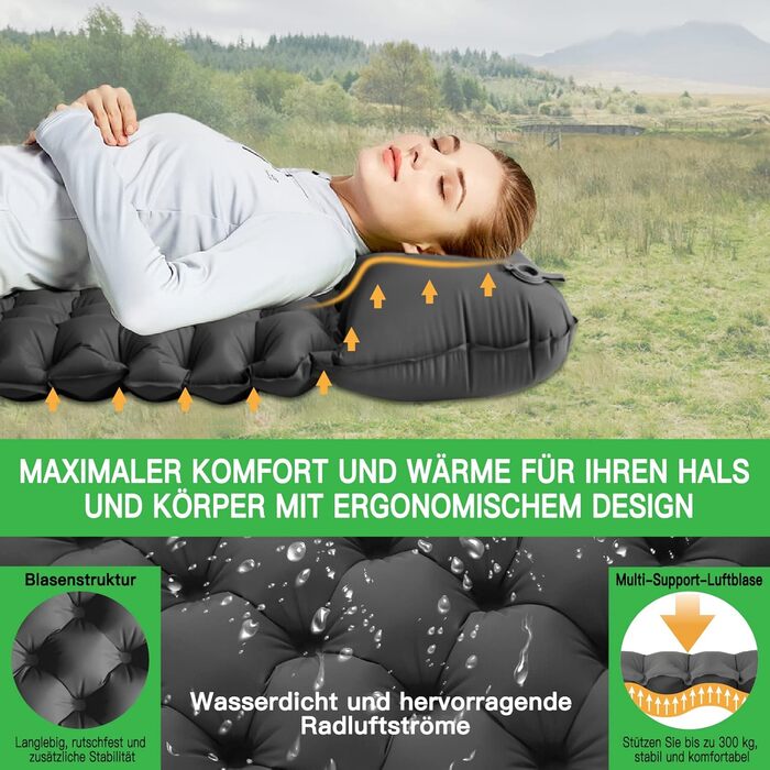 Двоспальний килимок для кемпінгу Doppel Isomatte: ультралегкий, 10 см, з самонадувною технологією та насосом, для відпочинку на природі, подорожей та піших прогулянок. Сірий колір.