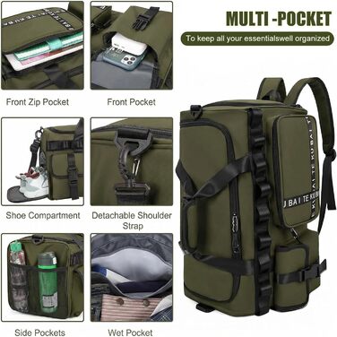 Спортивна сумка для подорожей та фітнесу 65Л з відділенням для взуття та вологих речей, велика дорожня сумка для жінок та чоловіків (армійний зелений)