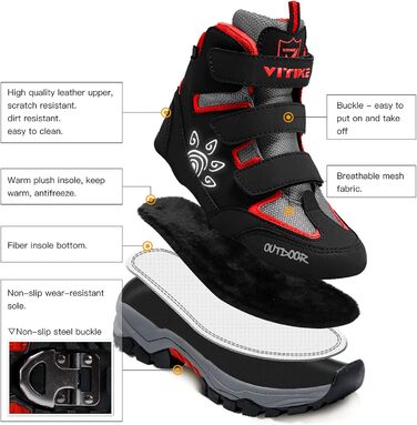 Дитячі зимові черевики ASHION: теплі, водонепроникні, для сноубордингу та трекінгу, розмір 32 EU, чорно-червоні