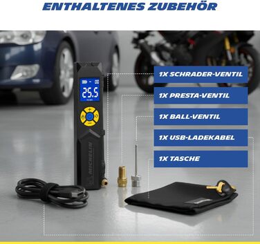 Міні-компресор Michelin Akku 10 Bar – портативний, цифровий | Для авто, велосипеда, електровелосипеда, мотоцикла, кемпера та причепа | 150 PSI, 7.4 V / 2500 mAH | LCD-дисплей, LED-підсвічування