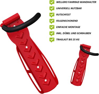 WELLGRO Тримач для велосипеда на стіну - сталевий кронштейн, гачок, стійка - колір на вибір (червоний)