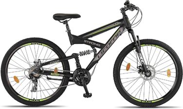 Гірський велосипед Licorne Bike Strong 2D Premium 27,5 дюймів, для хлопців, дівчат, жінок і чоловіків, з дисковими гальмами, 21 швидкість, повна амортизація, чорний/лайм