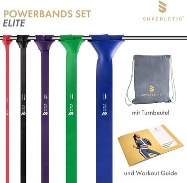 Силові стрічки SUPERLETIC Powerbands для фітнесу, резинові еспандери різної жорсткості, для підтягувань, тренувань з власною вагою, 5 рівнів опору, з тренувальним гідом
