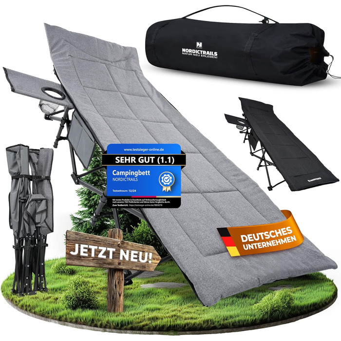 NORDICTRAILS Кемпінгове ліжко NORDICTRAILS - XXL розкладне ліжко для кемпінгу | Зручне, легке та широке для відпочинку на природі | Гостьове ліжко, ліжко для риболовлі, розкладне ліжко з суперм'яким матрацом. Сіре.
