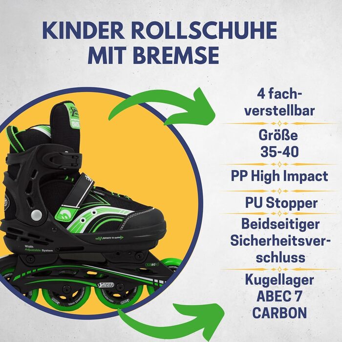 Інлайни для дітей Best Sporting: регульовані ролики з гальмом, міцні роликові ковзани для підлітків, зелено-чорного кольору