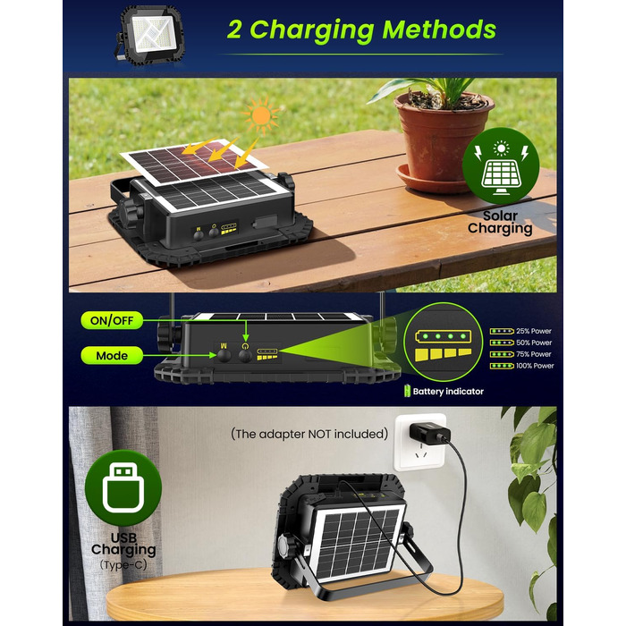 LED прожектор на акумуляторі CLV 200W, 20000mAh, IP66, вологостійкий, 4 режими, 2 рівні яскравості, USB, сонячна панель, для кемпінгу, будівництва, аварійне освітлення (чорний)