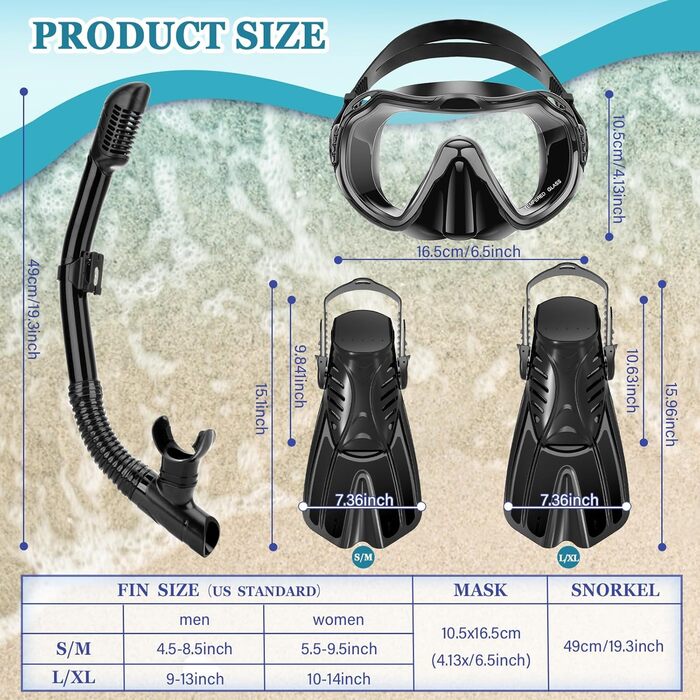 Комплект для снорклінгу для дорослих 4 в 1: маска, трубка, ласти, сумка (чорний, XL)