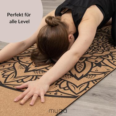 Йога мат Myga XL Kork: 200x70 см, 6 мм, з натуральної кори, протиковзаюча, для йоги, пілатесу, медитації та фітнесу. Малюнок мандала