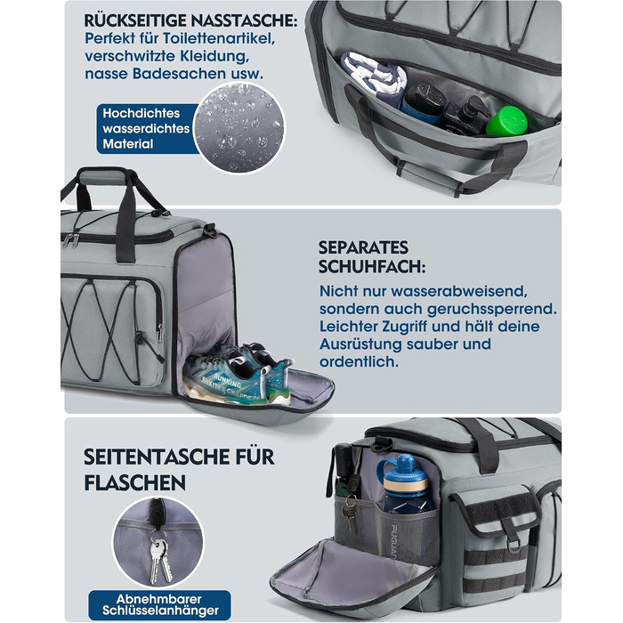Спортивна сумка RAINSMORE 45L 3-в-1 для фітнесу та подорожей, водонепроникна дорожня сумка з відділенням для взуття та мокрих речей (Сіра)