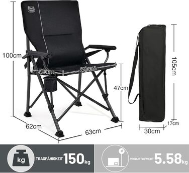 Крісло для кемпінгу Timber Ridge складне 150 кг, висока спинка, портативне, з підстаканником, для риболовлі, пікніків, саду, балкону та спортивних заходів (Чорний, підтримка попереку)