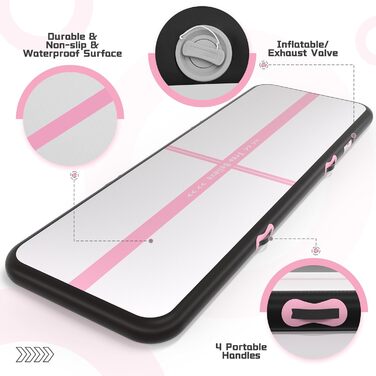 Надувна гімнастична мат для тренувань з насосом, 10.2-15.2 см товщина, для челідингу/йоги/паркуру/пляжу/парку/води (чорний/рожевий, 3м*1м*0.1м)