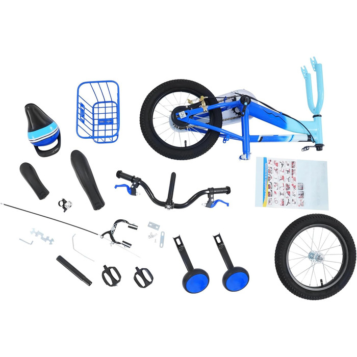 Дитяче велосипед 14 дюймів для хлопчиків та дівчаток з додатковими колесами та кошиком, від 3 років, з двома гальмами, регульоване кермо та сидіння (блакитний)