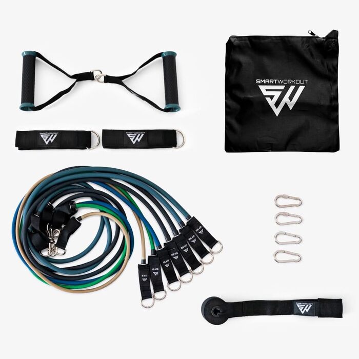 Набір для силових тренувань SmartWorkout® з гумовими стрічками опору – 19 шт., до 120 кг, стержень, дверний анкер, програма тренувань