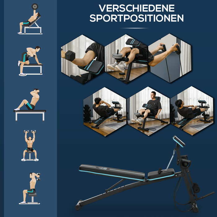 Регульована лава для тренувань, складна, з 7 положеннями спинки, витримує до 120 кг, синя