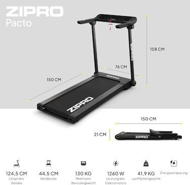 Біговий тренажер ZIPRO для дому, складаний, 1-16 км/год з APP, компактний Walking Pad з Bluetooth та MP3, тихий Walkingpad з LED-дисплеєм (Pacto)