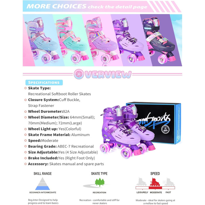 Ролики для дітей 2PM SPORTS - регульовані, рожево-блакитні, для дівчаток-початківців, для катання в приміщенні та на вулиці, розмір M (32-36 EU)
