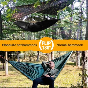 Гамак-москітна сітка NATUREFUN, 275x140 см, темно-зелений, 300 кг, дихаючий, швидковисихаючий нейлон, 2 карабіни, 4 шлевки