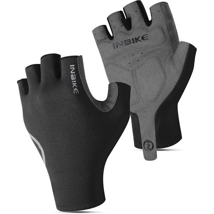 Велосипедні рукавички INBIKE літні напівпальцеві дихаючі, з еластичністю, для шосе та MTB, 3 мм SDR, антиковзаючі, з світловідбиваючими елементами, чорні, чоловічі/жіночі