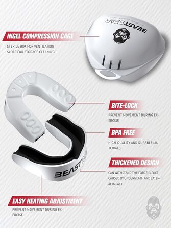Захисна капа Beast Gear - для боксу, MMA, регбі, кікбоксингу, джудо, карате, хокею та бойових мистецтв. Зручна коробка для зберігання. Захищає зуби, ясна та щелепу. Білий.