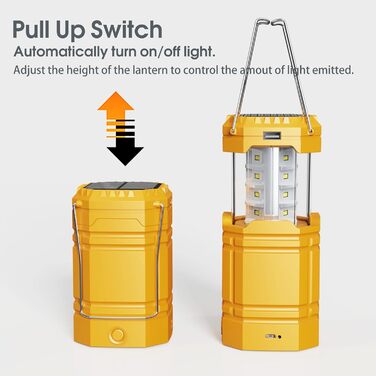 Сонячна кемпінгова лампа з ручним заводом, LED ліхтар, 3000 mAh Power Bank, водонепроникна, для туризму та виживання, жовта