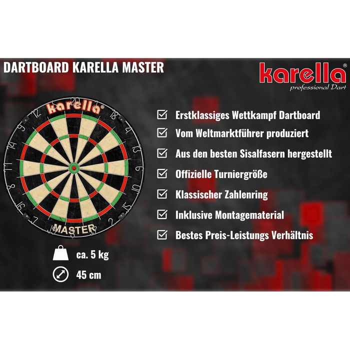 Дартборд Karella Master з сизалю для турнірів, комплект із 2 наборами дротиків Steeldart Blackstar та лінією для кидків