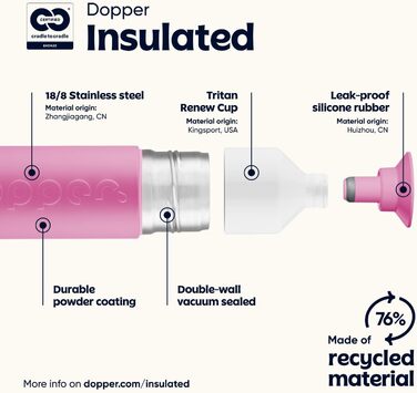 Термобутилка Dopper Insulated 580 мл Pelican Pink — подвійні стінки, герметична, з нержавіючої сталі, зберігає холод 24 год/тепло 9 год, для води, чаю, кави