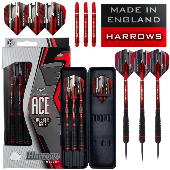 Дарти Ace Rubber Black (Сталеві дротики) з кейсом, 20/22/24/26 г, Supergrip, 100 мікрон Marathon Flights, чорні