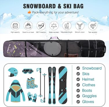 Водонепроникний сноуборд-баг для подорожей: сноуборд, черевики, одяг, шолом та спорядження (157-181 см), фіолетовий
