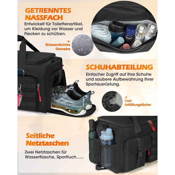 Спортивна сумка RAINSMORE 3 в 1 для чоловіків, 45 л: рюкзак, сумка-переноска, з відділенням для взуття, ноутбука та мокрого одягу, чорна