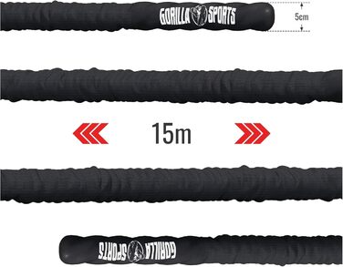 Битва-мотузка Gorilla Sports® - 9м/12м/15м, діаметр 38мм/50мм, з кріпленням, нейлон, чорний. Для силових тренувань, розвитку м'язів.