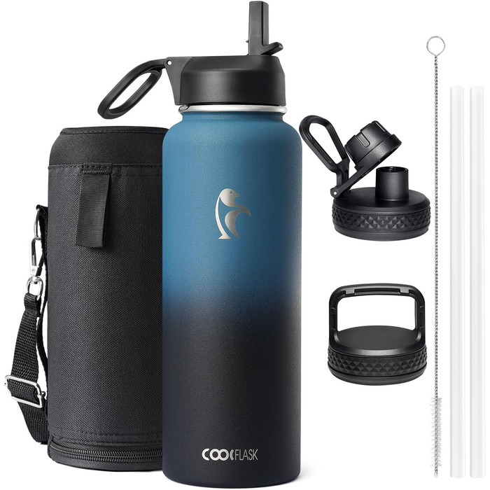 Термос-пляшка Coolflask 1180 мл з трубочкою та 3 кришками, ізольована металева пляшка для води, спорт або офіс, подвійна вакуумна ізоляція, легко миється, індиго-чорна