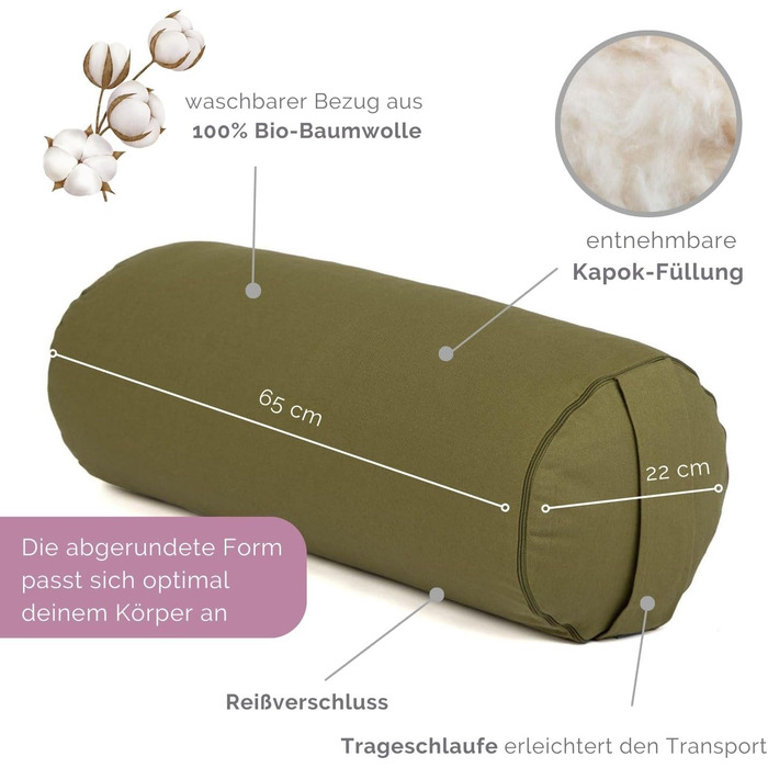 Йога-болстер Bodhi ECO, круглий, 100% біобавовна, наповнювач з органічної лузги полби, знімний чохол, для відновлювальної йоги, зелений, 65x20 см