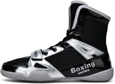 Боксерські кросівки для чоловіків та жінок, дитячі, для занять індоор-фітнесом, бойові кросівки, антиковзаючі та дихаючі хай-топ боксерські кросівки, розмір 47 EU, чорний/сріблястий