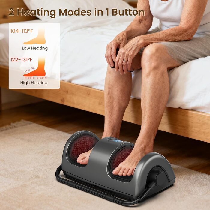 Електричний масажер для ніг TISSCARE з функцією шиацу, нагрівом, розминанням, роликами та натисканням. 360° регульована ручка. Для зняття болю, подарунок для жінок та чоловіків. Колір: сірий.