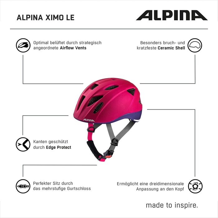 Дитячий велосипедний шолом Alpina XIMO L.E. з LED підсвіткою, легкий і міцний, рожево-фіолетовий, 47-51 см